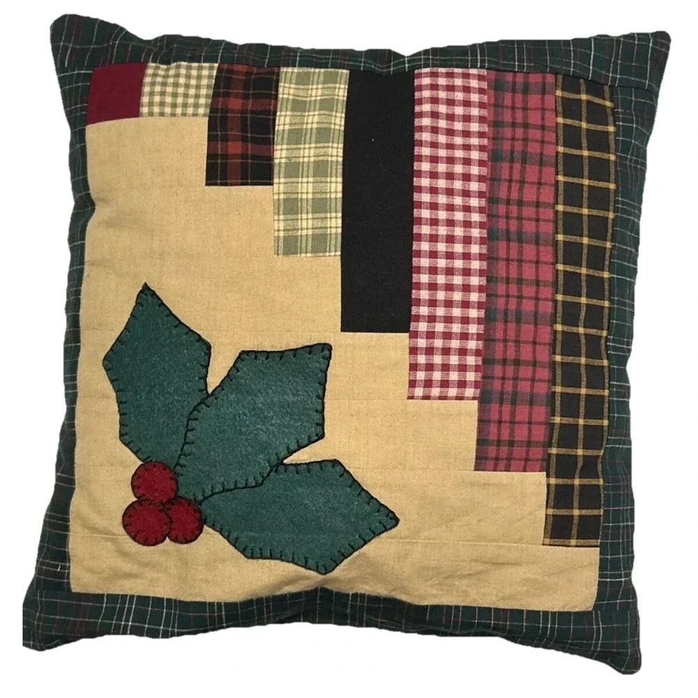 Pillow Christmas Holly Patchwork Handmade Open Back Cover Green Red 12